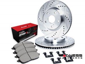Alfa Romeo Stelvio Brake Kit - 2.0L - Front - R1 Concepts - Optimum OEp Brake Pads - eLINE Drilled + Slotted Rotors